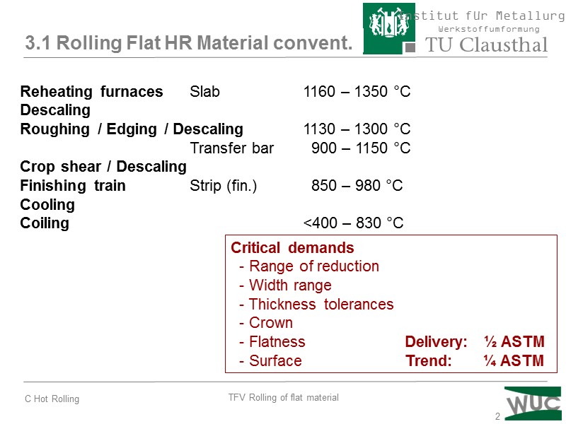 2 3.1 Rolling Flat HR Material convent. Reheating furnaces Slab  1160 – 1350